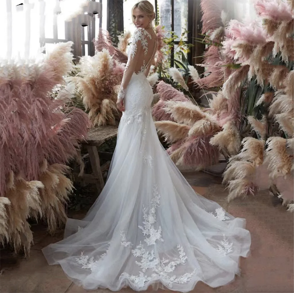 Mermaid Lace Dress Illusion Necke Appliques Vintage Bridal Gowns Robe De Mariage Sheath Wedding Dresses Sheer Back Vestido