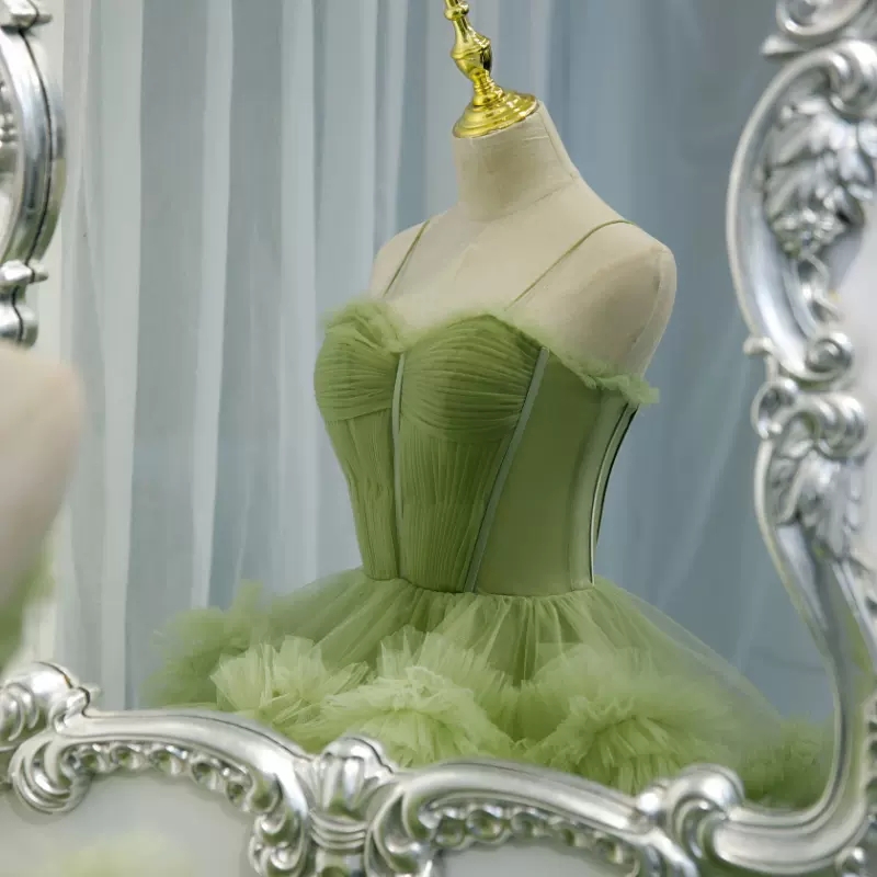Green Prom Dresses Real Pictures High Waist Evening Dresses Layers Tulle Party Evening Gowns