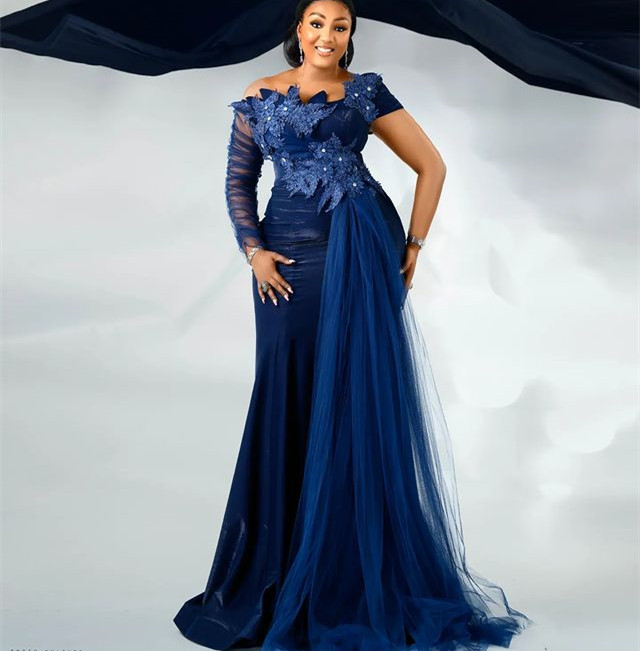 Aso Ebi Arabic Navy Blue Mermaid Bride Dresses Crystals Lace Evening Prom Formal Party Birthday Celebrity Mother Of Groom Gowns Dress