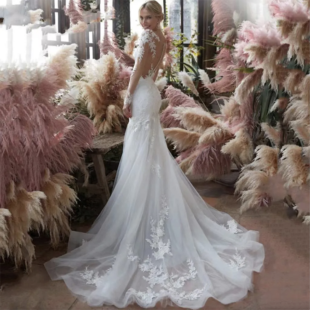 Mermaid Lace Dress Illusion Necke Appliques Vintage Bridal Gowns Robe De Mariage Sheath Wedding Dresses Sheer Back Vestido