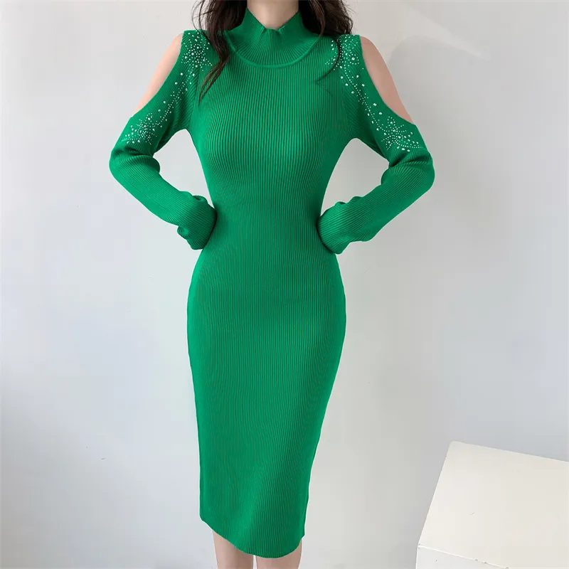 Basic Casual Dresses Winter French Turtleneck Knitted Diamond Dress Women Sexy Hollow Out Sleeve Temperament Celebrity's Knee-Length Sweater Dres