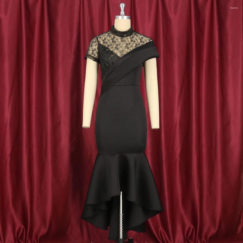 Plus Size Dresses Round Neck Sexy Perspective Lace Short Sleeve High Waist Ruffled Party Dress Women Clothing Elegant