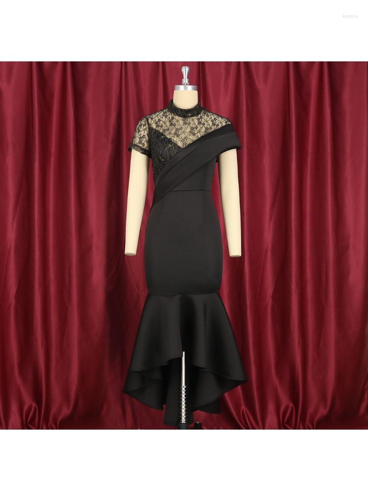 Plus Size Dresses Round Neck Sexy Perspective Lace Short Sleeve High Waist Ruffled Party Dress Women Clothing Elegant