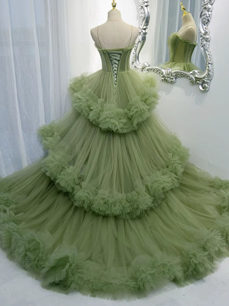 Green Prom Dresses Real Pictures High Waist Evening Dresses Layers Tulle Party Evening Gowns
