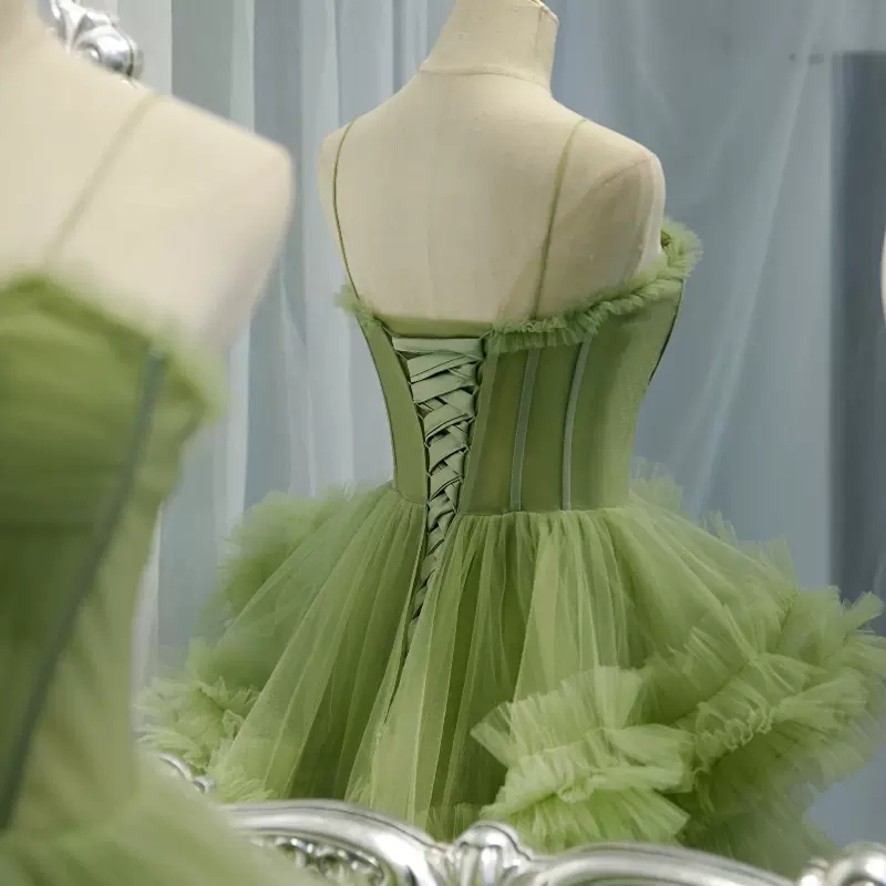 Green Prom Dresses Real Pictures High Waist Evening Dresses Layers Tulle Party Evening Gowns