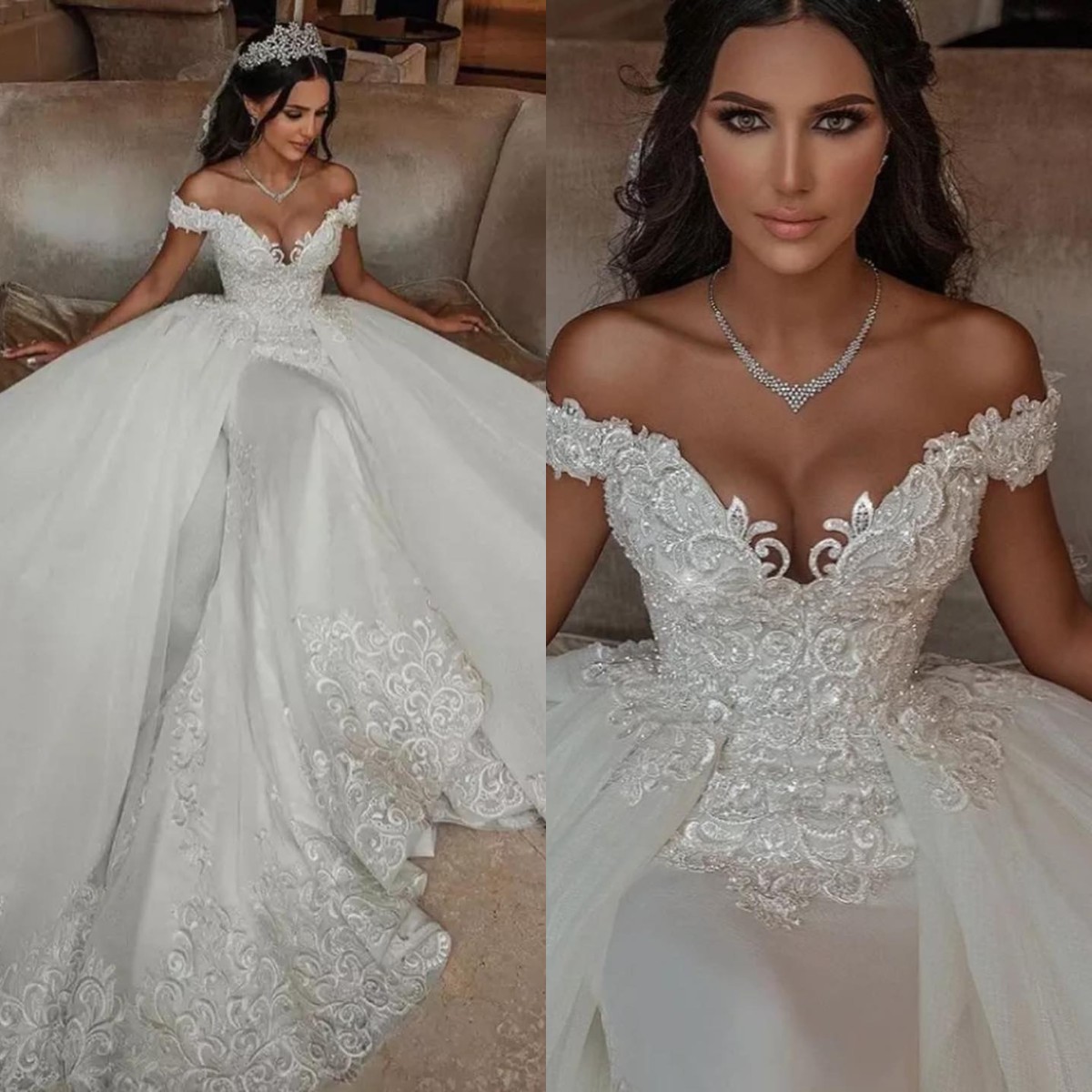 Glamorous A e Lace Dresses Off Shoulder Overskirts Embroidery Wedding Dress Sweep Train Ruffle robe de mariee bridal gowns