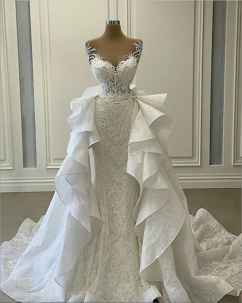 White Mermaid Wedding Dresses With Detachable Train Ruffles Lace Appliqued Bridal Gowns Plus Size Vestidos De Novia 2023 0431