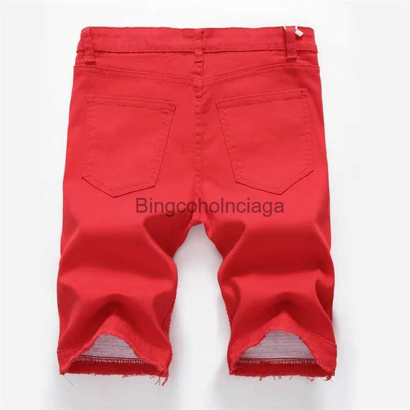 Men's Jeans Fashion Ripped Jeans Shorts Men Pleated Pockets Decorated Denim Shorts Red Blue Black White Big Size 28 30 32 34 36 38 40 42L231003