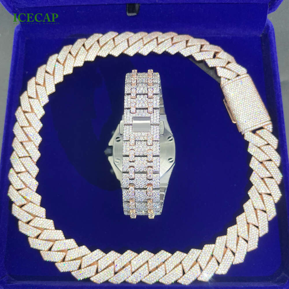 brand fashion woman Fashion New Design Vvs Moissanite Dia Watch Round Shape Ice Out Jewelry 41mm Cuabn Chain Sets