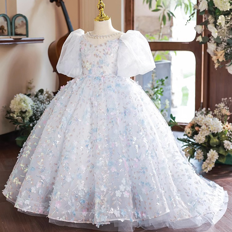 Shiniy Bg Blue Wer Girls Dresses Tulle Lace Appliques Long Formal Kids Birthday Sash First Communion Gowns Princess Ball Gown Wedding Party Dress 403 