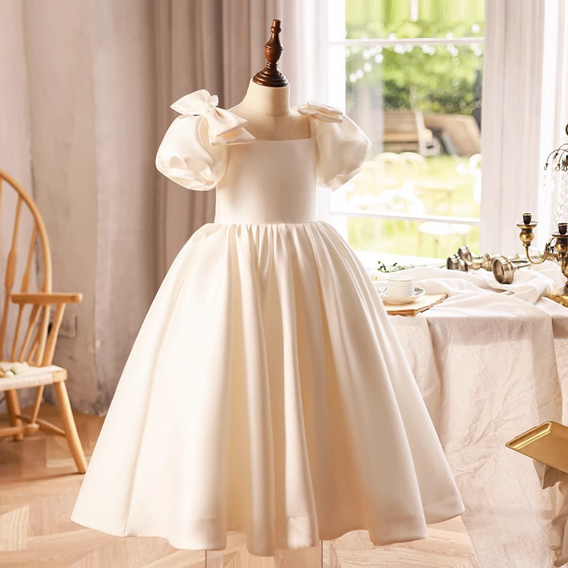Glossy Ivory Satin Flower Girl Dresses Jewel Neck Bow Puff Princess Ball Gowns For Wedding Birthday Party Sweep Train Little Girls Long Toddlder Pagea