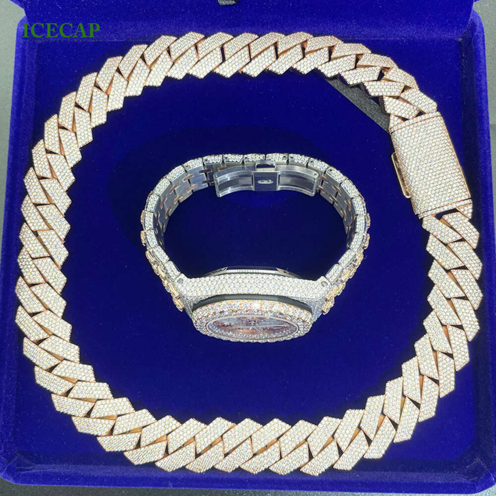 brand fashion woman Fashion New Design Vvs Moissanite Dia Watch Round Shape Ice Out Jewelry 41mm Cuabn Chain Sets