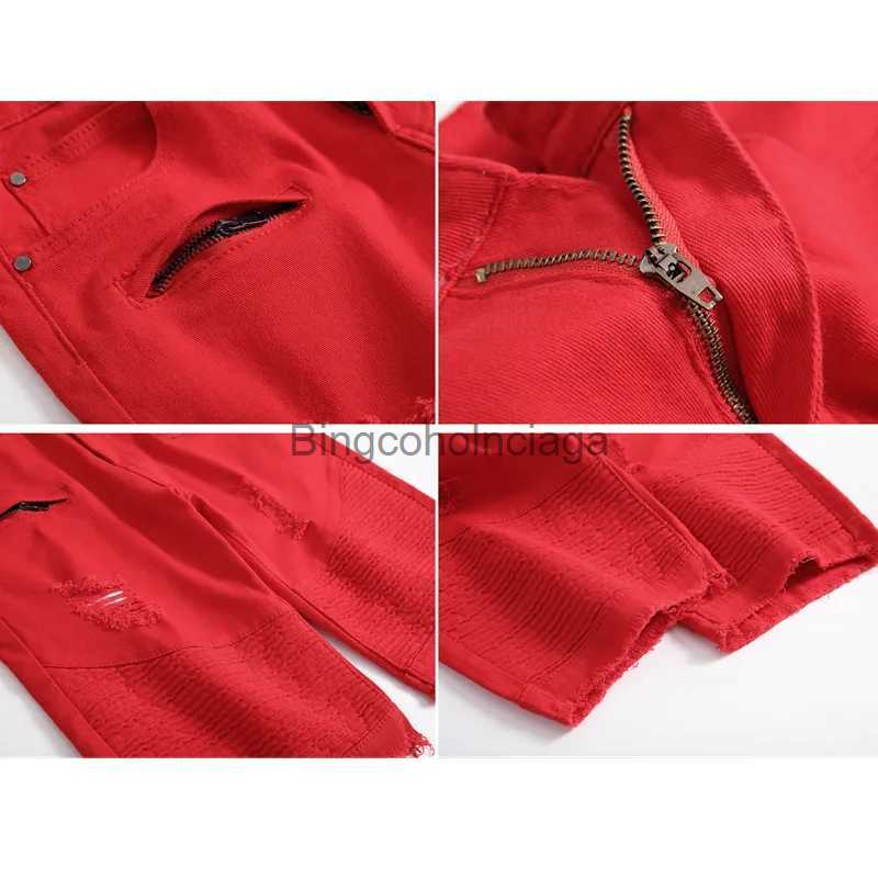 Men's Jeans Fashion Ripped Jeans Shorts Men Pleated Pockets Decorated Denim Shorts Red Blue Black White Big Size 28 30 32 34 36 38 40 42L231003