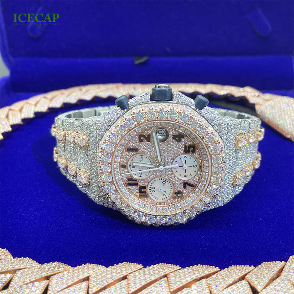 brand fashion woman Fashion New Design Vvs Moissanite Dia Watch Round Shape Ice Out Jewelry 41mm Cuabn Chain Sets