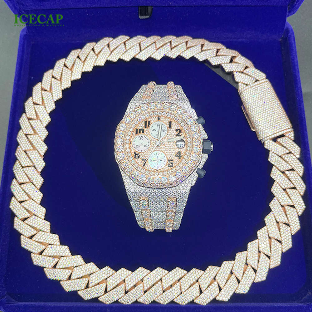 brand fashion woman Fashion New Design Vvs Moissanite Dia Watch Round Shape Ice Out Jewelry 41mm Cuabn Chain Sets