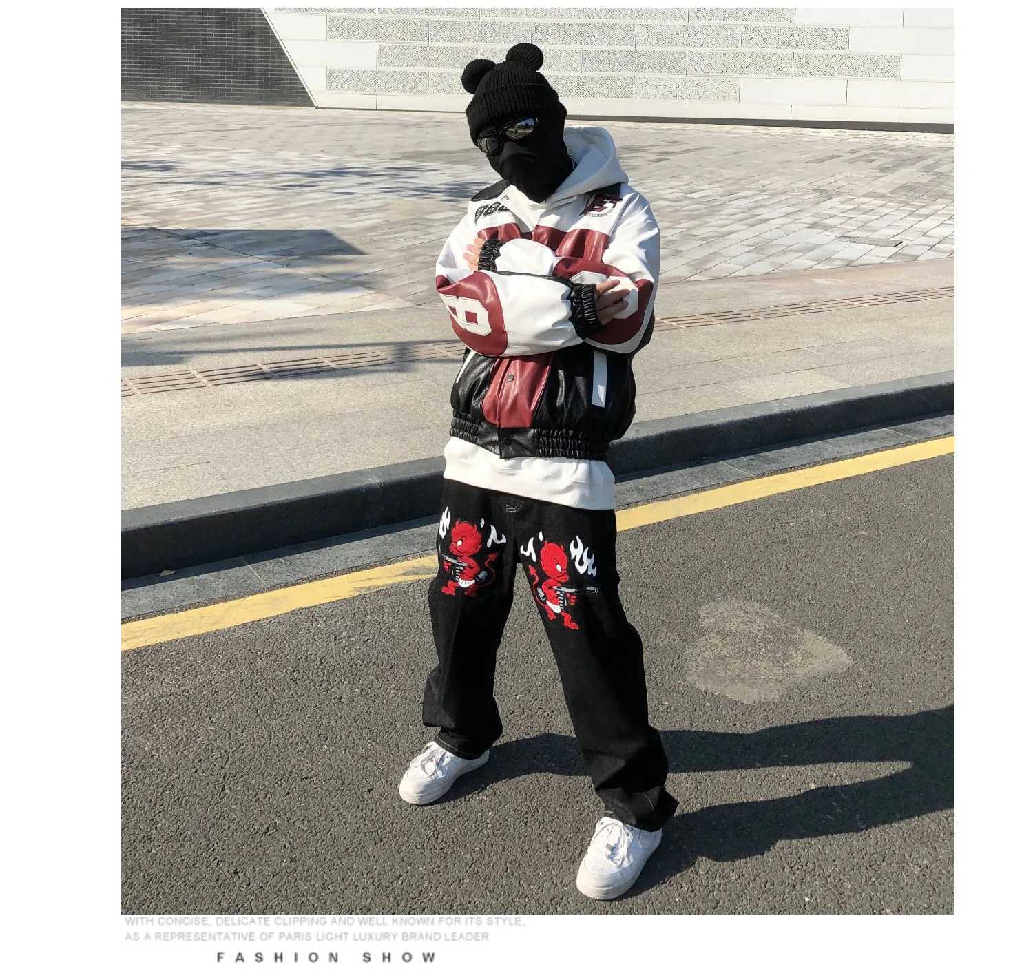 Men's Jeans Men's Jeans Devil Printed High Street Vintage Y2K Clothes Black Baggy Jeans Straight Trousers Streetwear Wide Leg Pants MenL2310