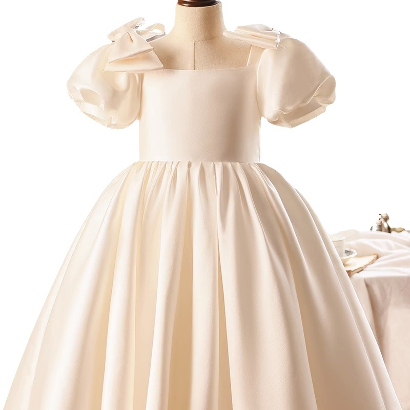 Glossy Ivory Satin Flower Girl Dresses Jewel Neck Bow Puff Princess Ball Gowns For Wedding Birthday Party Sweep Train Little Girls Long Toddlder Pagea