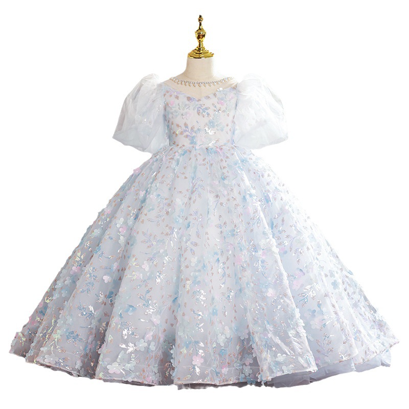 Shiniy Bg Blue Wer Girls Dresses Tulle Lace Appliques Long Formal Kids Birthday Sash First Communion Gowns Princess Ball Gown Wedding Party Dress 403 