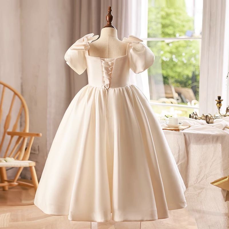 Glossy Ivory Satin Flower Girl Dresses Jewel Neck Bow Puff Princess Ball Gowns For Wedding Birthday Party Sweep Train Little Girls Long Toddlder Pagea