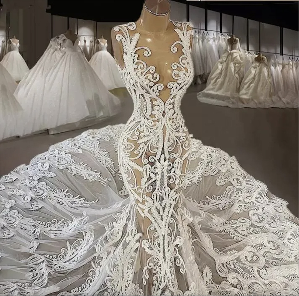 Sexy 2023 Lace Mermaid Wedding Dresses real material Bridal Gowns Jewel Neck Appliqued Country boho beach Vestidos De Novia 0509