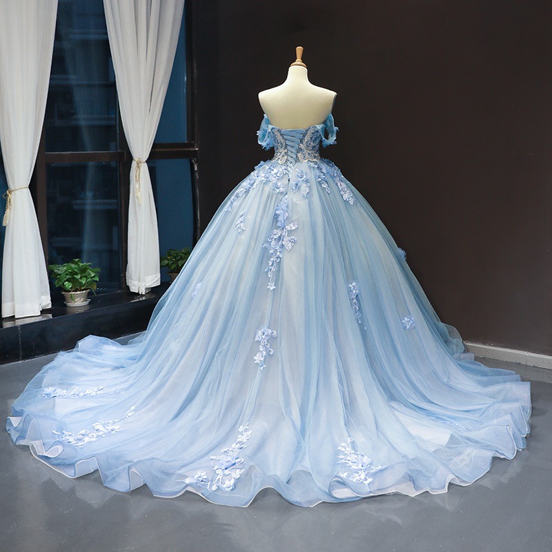 2023 Lace Wedding Elegant Beaded off shoulder Bridal Gowns sweep long train 3D flowers Applique sky blue tulle Bride Dress Bohemian Wed Dresses