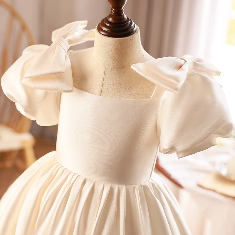 Glossy Ivory Satin Flower Girl Dresses Jewel Neck Bow Puff Princess Ball Gowns For Wedding Birthday Party Sweep Train Little Girls Long Toddlder Pagea