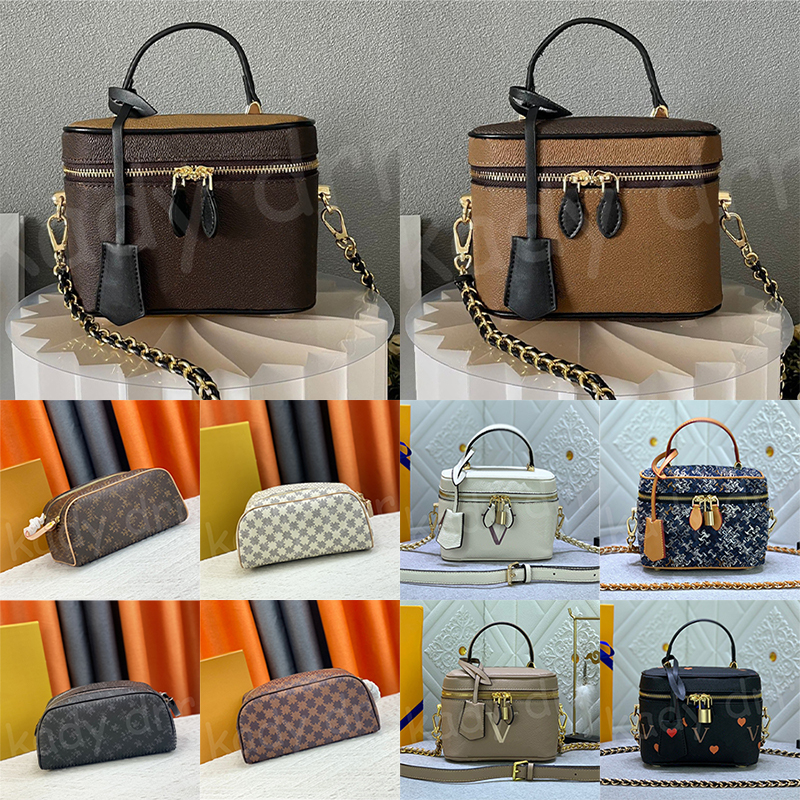 Chian Vanity Cases Reverse Coated Canvas Leather Trim Hardware Double Zip Closure with Padlock Crossbody Purse Shoulder Bag