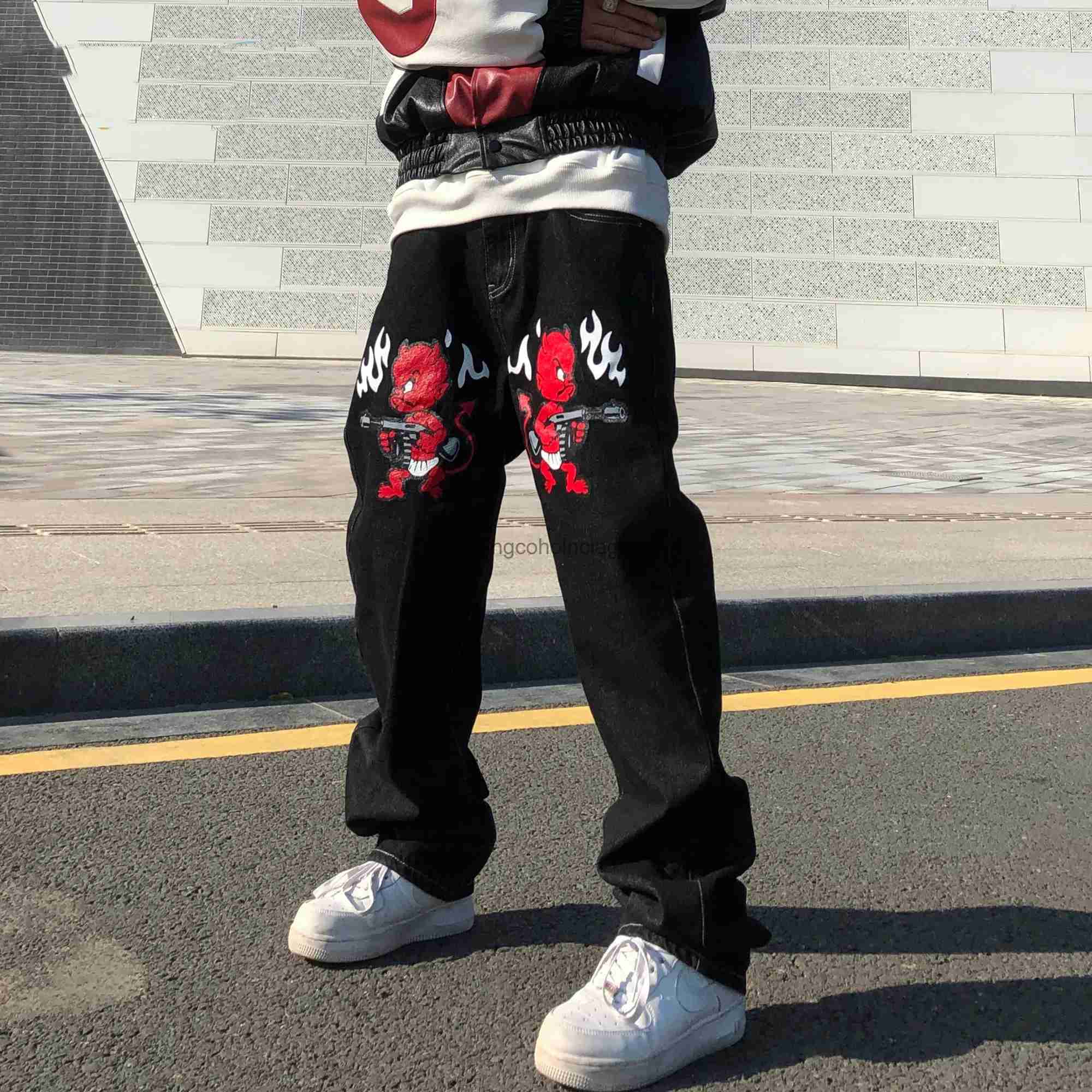 Men's Jeans Men's Jeans Devil Printed High Street Vintage Y2K Clothes Black Baggy Jeans Straight Trousers Streetwear Wide Leg Pants MenL2310
