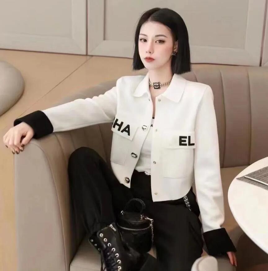 Designer women's high quality polo knit sweaters fashion short length letter embroidery long-sleeved shirt jacket small fragrant jacket black and white top clothes