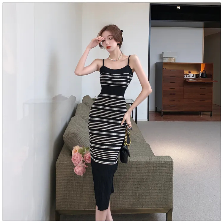Two Piece Dress New Autumn Winter Stripe Knitted Cardigan Spaghetti Strap Dress Two Piece Set For Women Temperament Small Fragrance Style Sets 2024