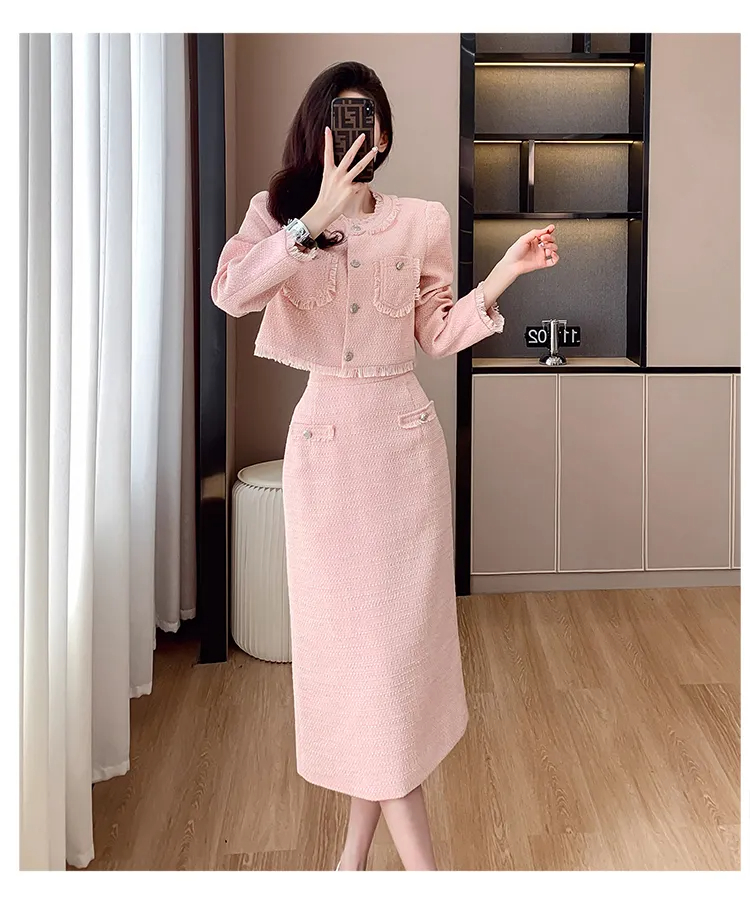 Two Piece Dress High-End New Autumn Winter French Small Fragrance Style Tweed Two Piece Set Women Luxury Pink Woolen Long Skirt Sets