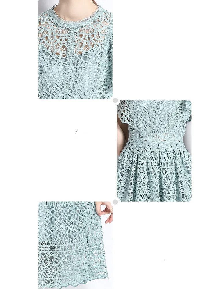 Basic Casual Dresses Celebrity High Quality Lace Hollow Out Summer Dress Womens Flower Embroidery Design O-Neck Temperament Dress Vestidos 2024