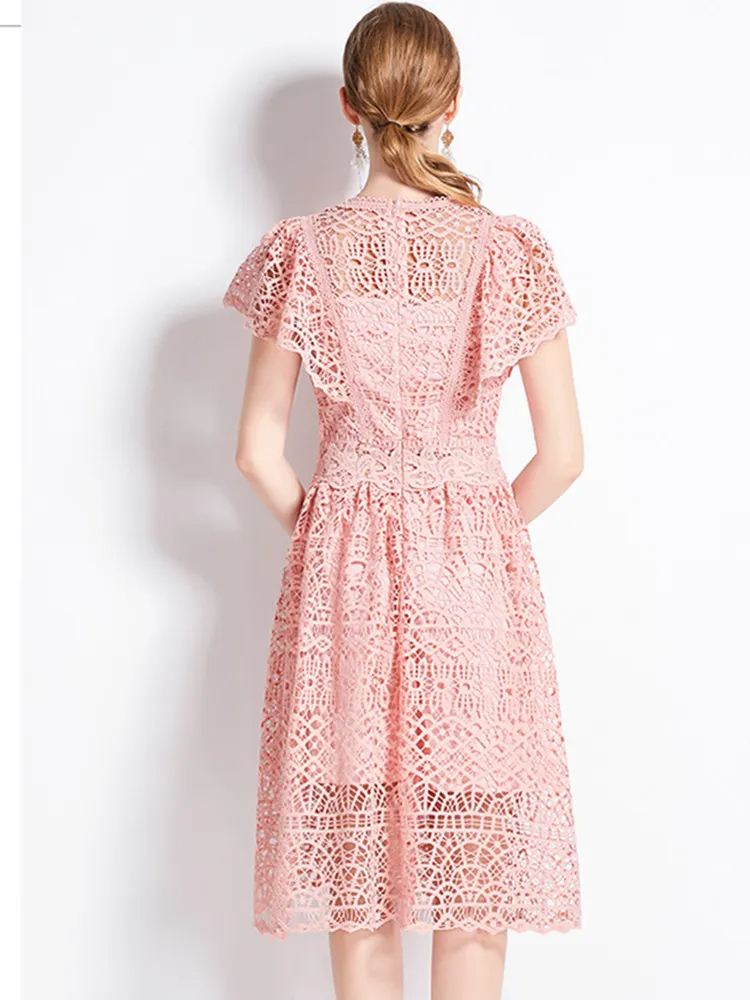Basic Casual Dresses Celebrity High Quality Lace Hollow Out Summer Dress Womens Flower Embroidery Design O-Neck Temperament Dress Vestidos 2024