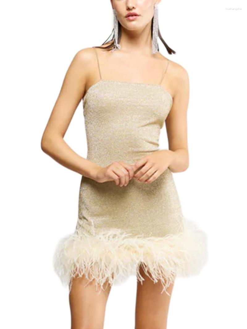 Casual Dresses Women S Y2K Shiny Bodycon Dress Sexy Sleeveless Spaghetti Strap Feather Trim Solid Color Mini Party Clubwear Short