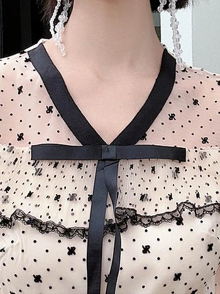 Basic Casual Dresses New Fashion Light Luxury Dot Flocking Mesh Patchwork Cake Dress Women Short Sleeve Temperament Long Dresses Vestidos 2024