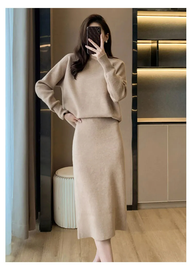 Two Piece Dress New Autumn Winter Elegant Runway Style Slim Sweater Set Women Fashion Soft Knitted Skirt Two Piece Skirt Sets 2024