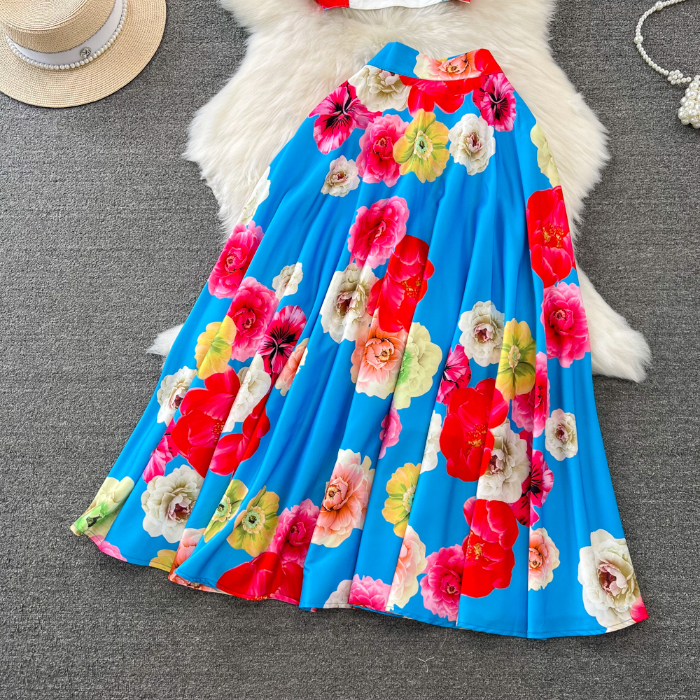 Two Piece Dress A Line Summer Holiday Runway 2 Pieces Set Women's Spaghetti Strap Padded Cup Back Zipper Flower Print Short Tops Long Skirt Suit 
