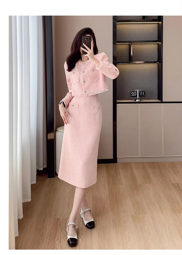 Two Piece Dress High-End New Autumn Winter French Small Fragrance Style Tweed Two Piece Set Women Luxury Pink Woolen Long Skirt Sets