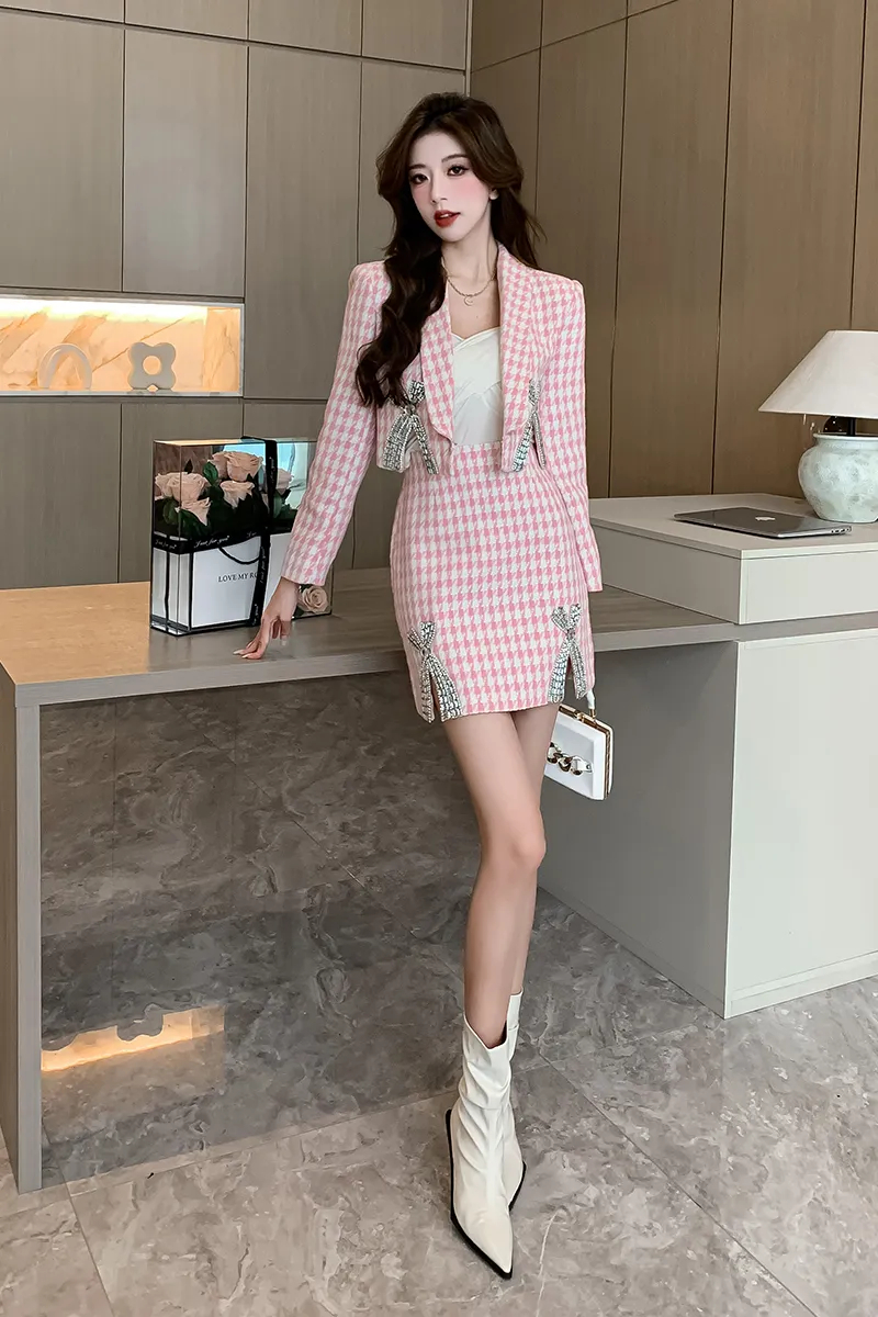 Two Piece Dress High Quality Autumn Winter Diamond Bow Houndstooth Woolen Short Jacket Coat Two Piece Set Women A-Lin Skirt Suits 2024