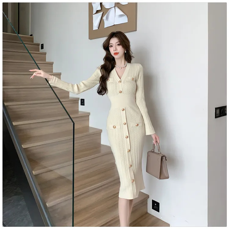 Basic Casual Dresses French Small Fragrance Style Celebrity Sexy V-Neck Single Breasted Slim Long Sleeve Knitted Dress Womens Sweater Long Dresses