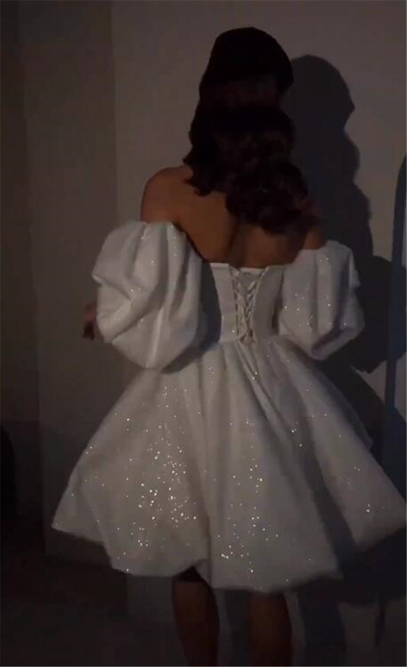 Fashion Short A Line Dresses Sweetheart Glitter Wedding Dress Puffy Sleeves Designer Bridal Gowns 0616