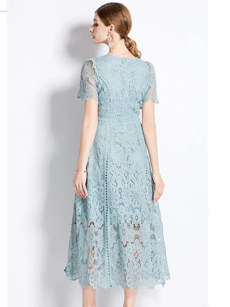 Basic Casual Dresses French Fashion Hollow Out Long Dress Women Summer Short Sleeve Elegant Mid-Length High Quality Vestidos Vintage High-End O-Neck L