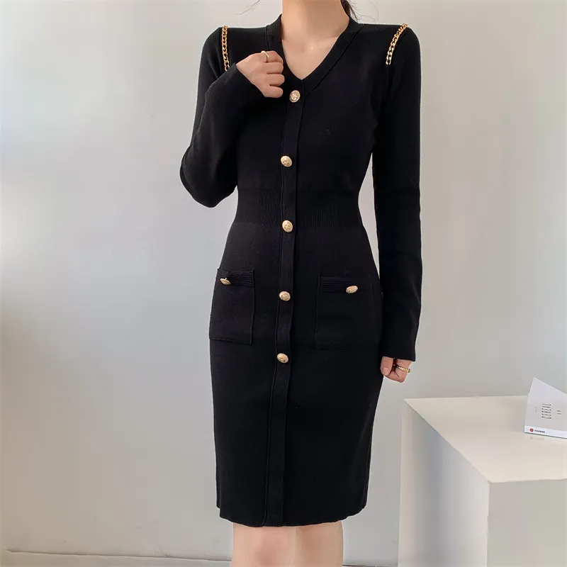 Basic Casual Dresses New Autumn Winter Knitted Dress For Women Slim Small Fragrant Style Celebrity Sexy V-Neck Temperament Black Long Sleeved Dresses 