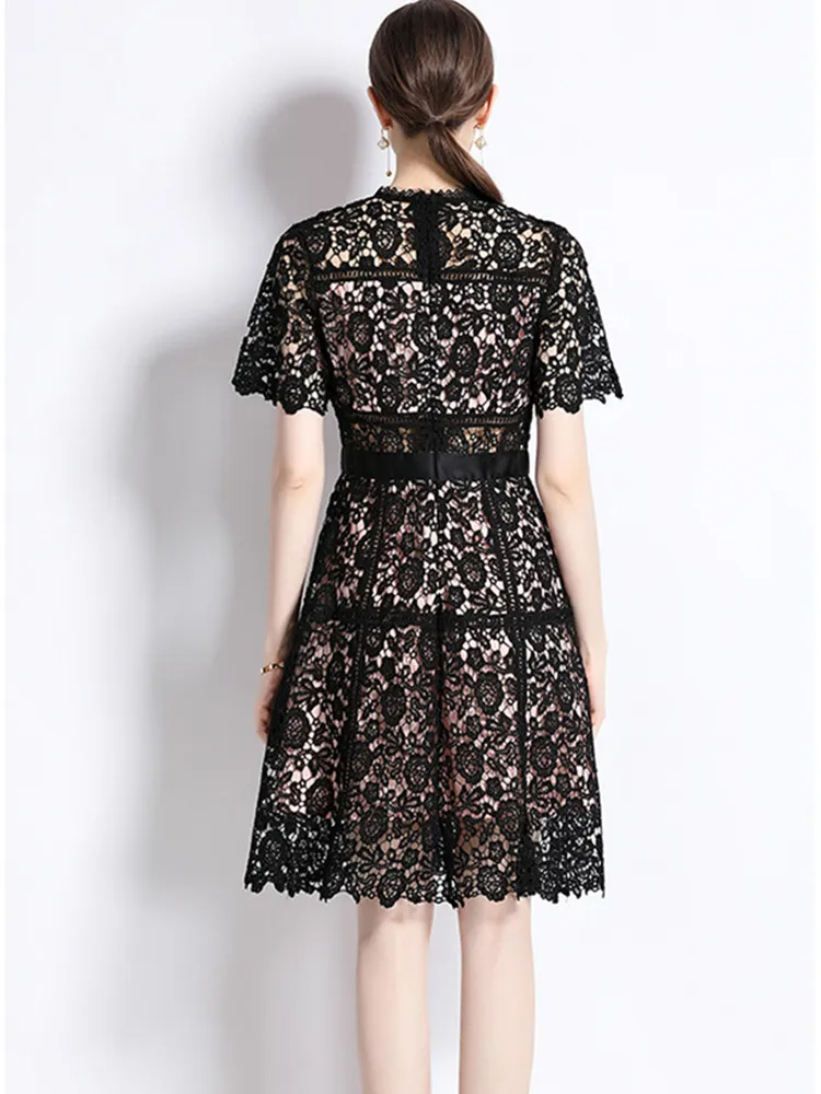Women New Fashion Summer Lace Hollow Out Dress Ladies Short Sleeve O-Neck Streetwear Dresses Vestidos Female Clothing 2025