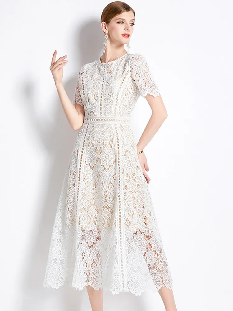 Basic Casual Dresses French Fashion Hollow Out Long Dress Women Summer Short Sleeve Elegant Mid-Length High Quality Vestidos Vintage High-End O-Neck L