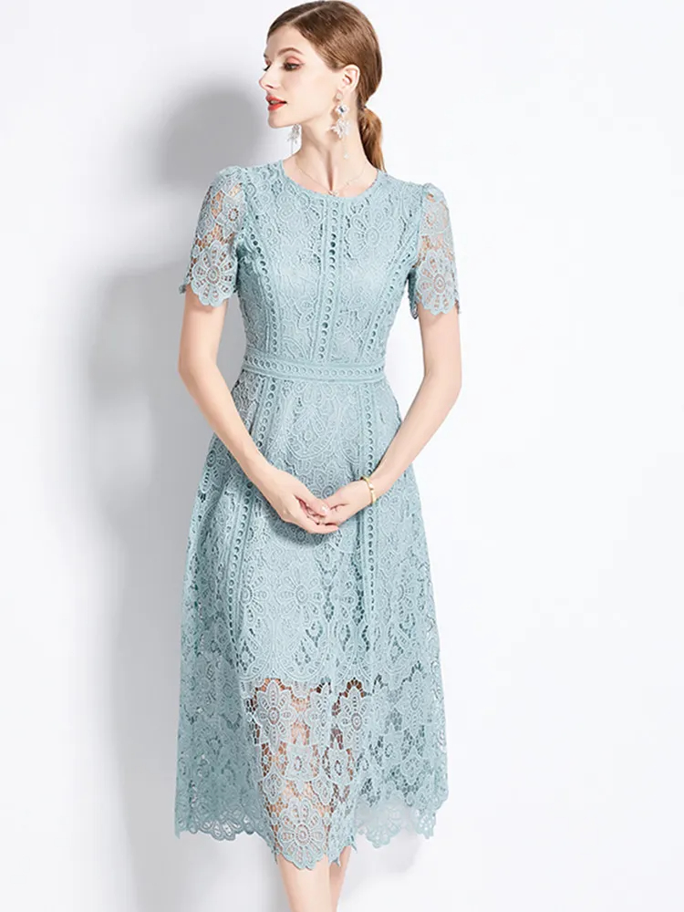 Basic Casual Dresses French Fashion Hollow Out Long Dress Women Summer Short Sleeve Elegant Mid-Length High Quality Vestidos Vintage High-End O-Neck L