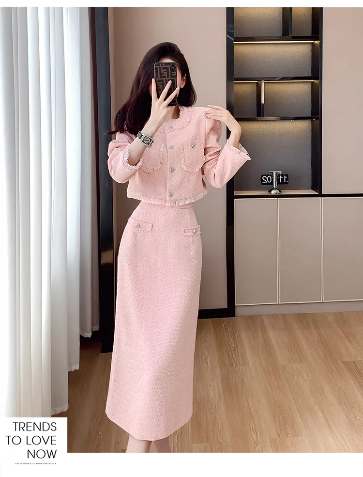 Two Piece Dress High-End New Autumn Winter French Small Fragrance Style Tweed Two Piece Set Women Luxury Pink Woolen Long Skirt Sets
