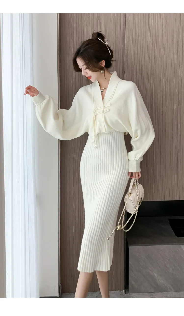 Two Piece Dress New Winter Spaghetti Strap Dress Two Piece Set Soft French Small Fragrance Style Knitted Cover Up Sets Knitted Cardigan Top Suit 2024
