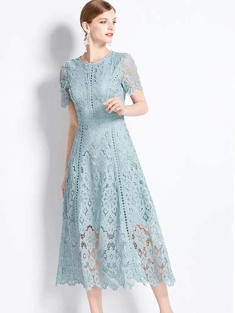 Basic Casual Dresses French Fashion Hollow Out Long Dress Women Summer Short Sleeve Elegant Mid-Length High Quality Vestidos Vintage High-End O-Neck L