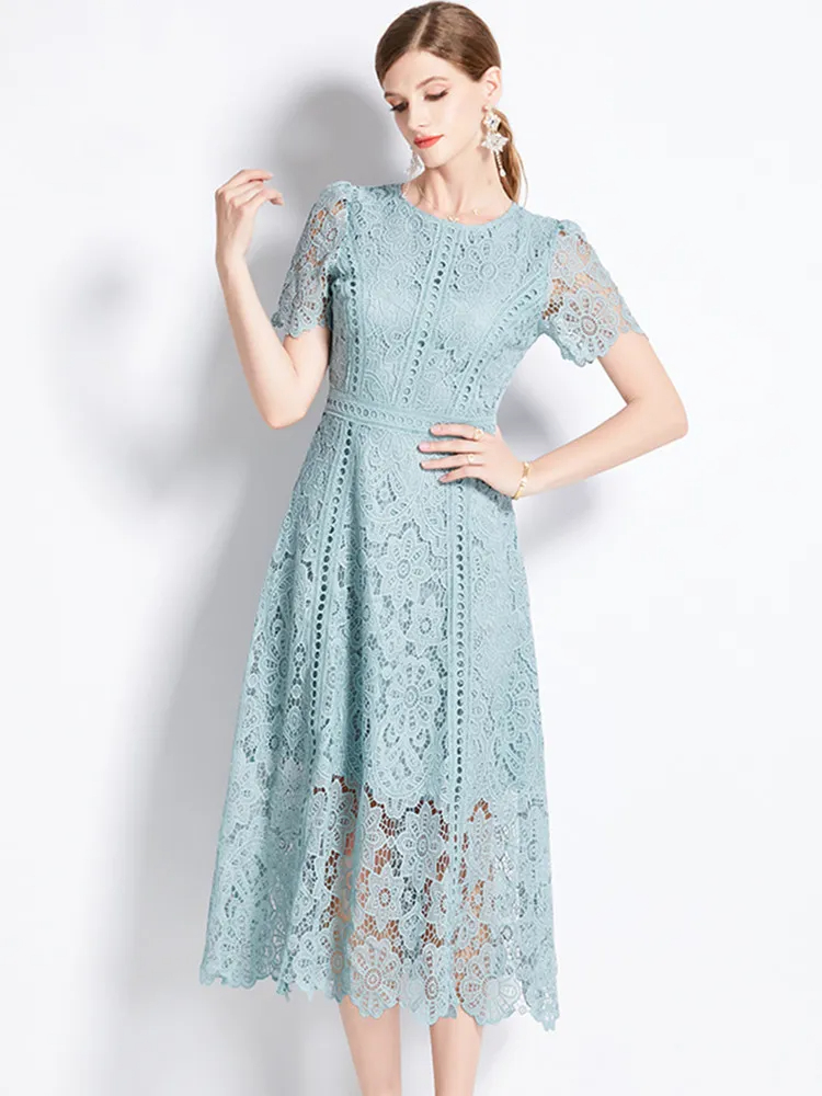 Basic Casual Dresses French Fashion Hollow Out Long Dress Women Summer Short Sleeve Elegant Mid-Length High Quality Vestidos Vintage High-End O-Neck L